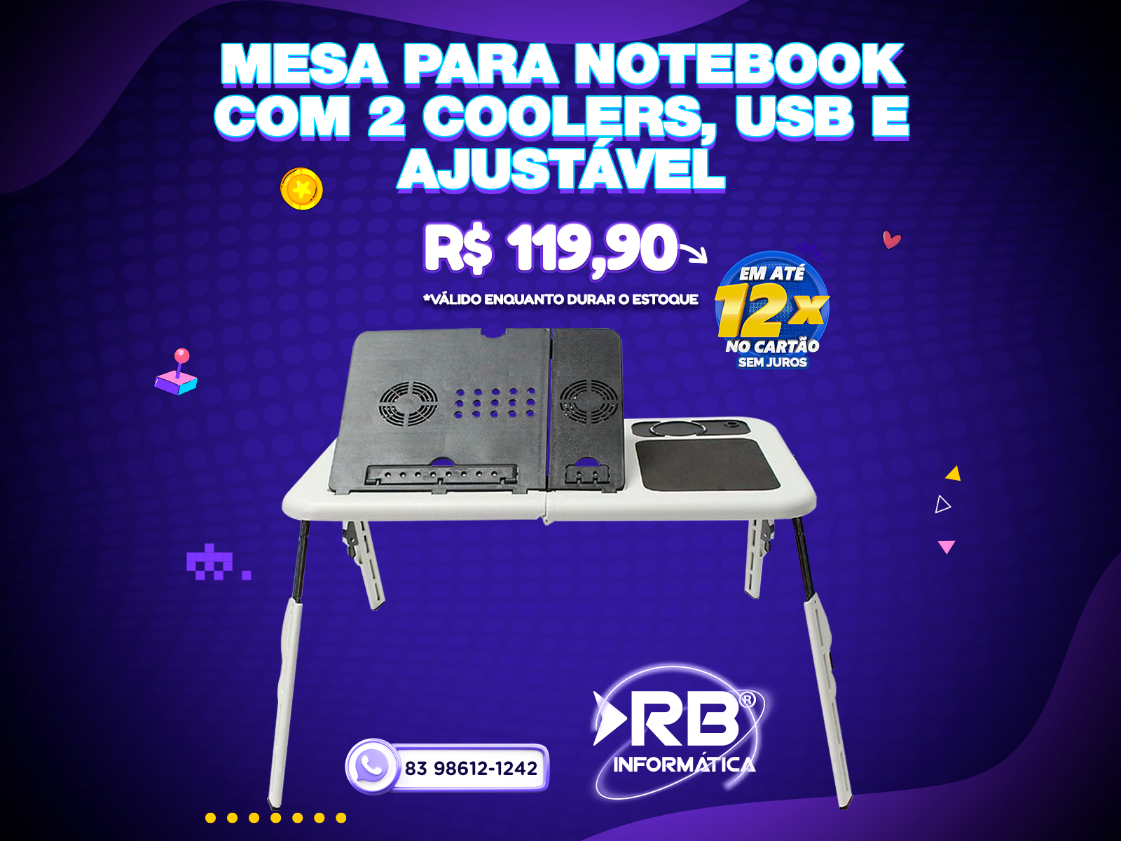 Mesa Para Notebook Com 2 Coolers, USB E AJUSTÁVEL