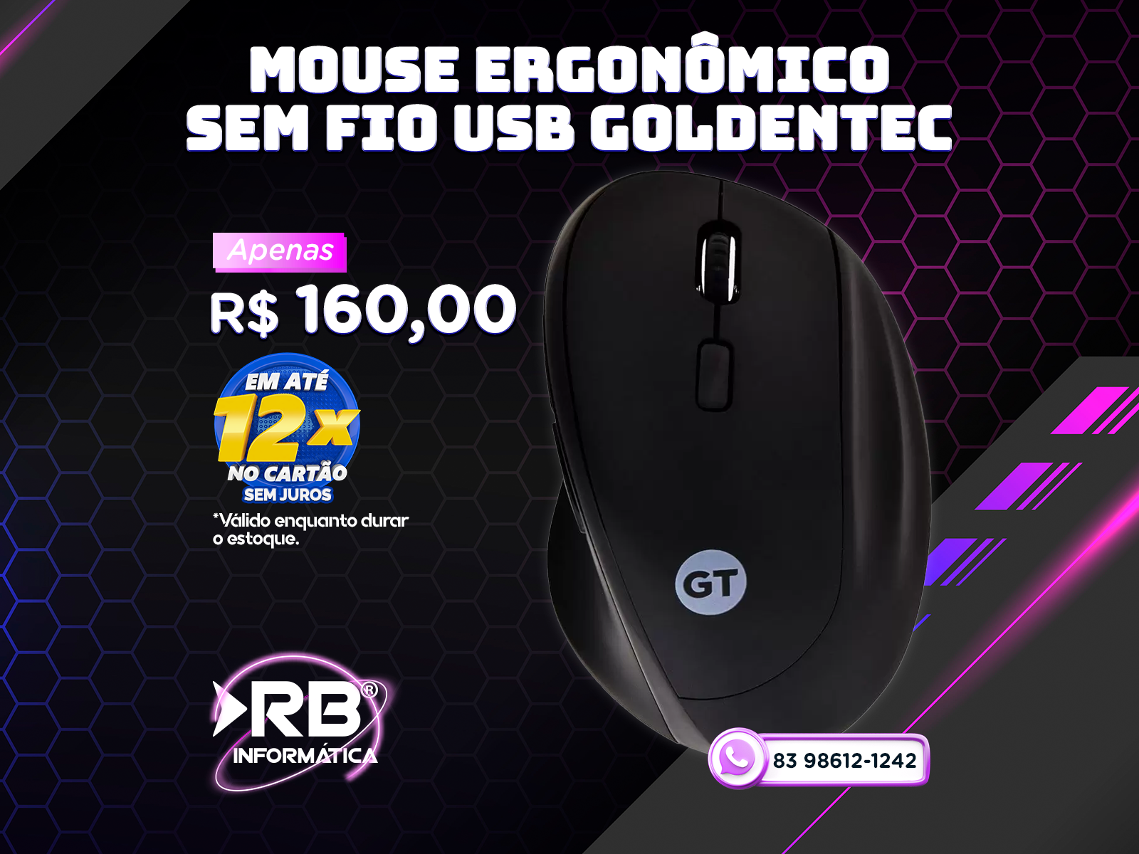 Mouse Ergonômico Sem Fio USB Goldentec