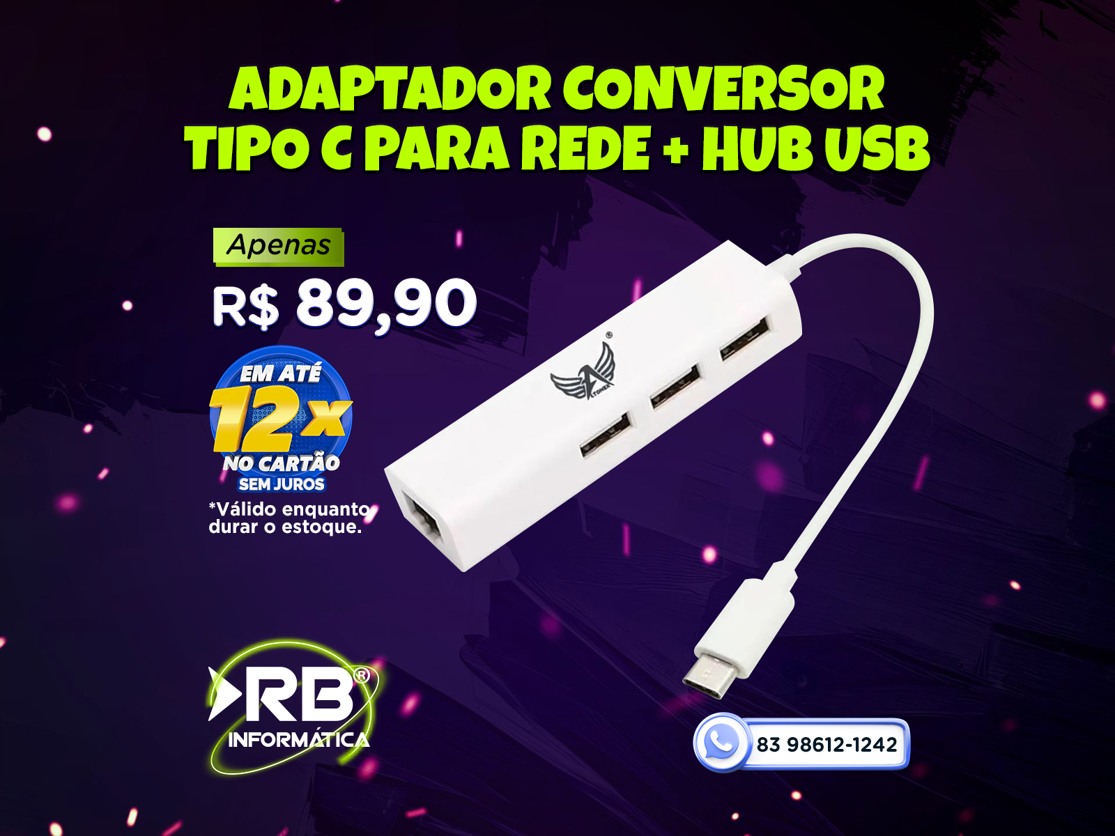 ADAPTADOR CONVERSOR TIPO C PARA REDE + HUB USB