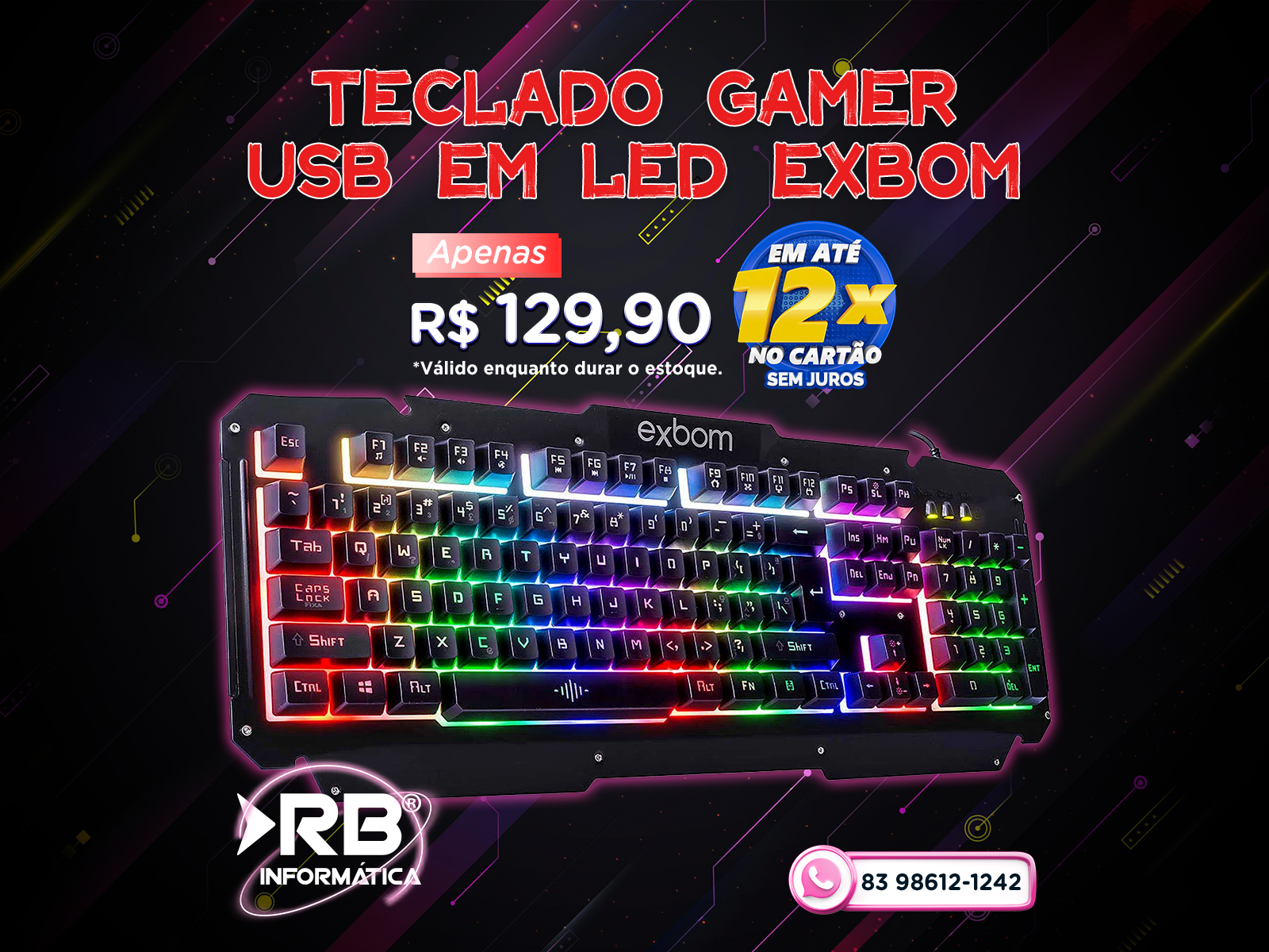 Teclado Gamer USB em LED EXBOM