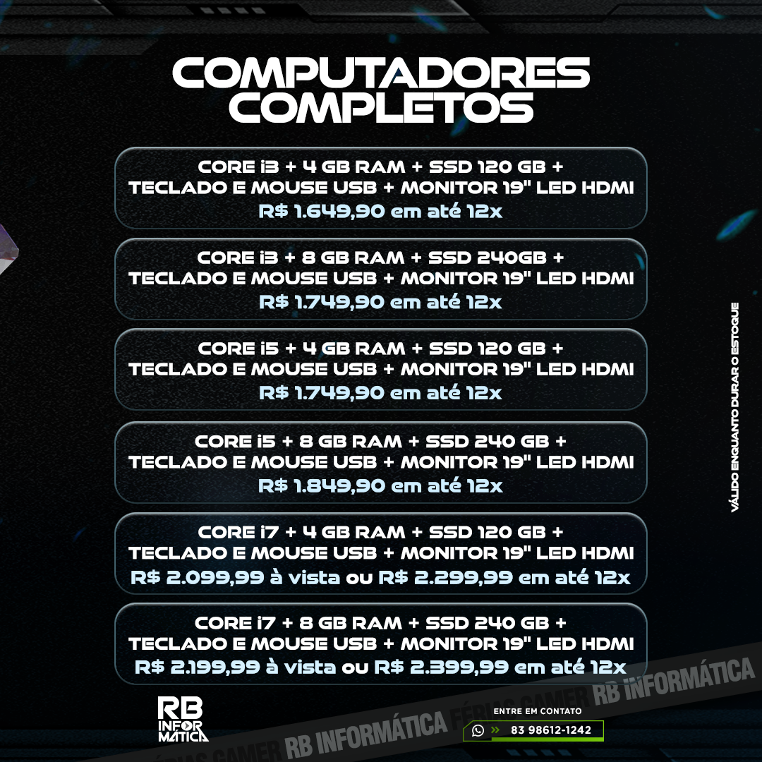 Computares completos Core i3, Core i5 ou Core i7