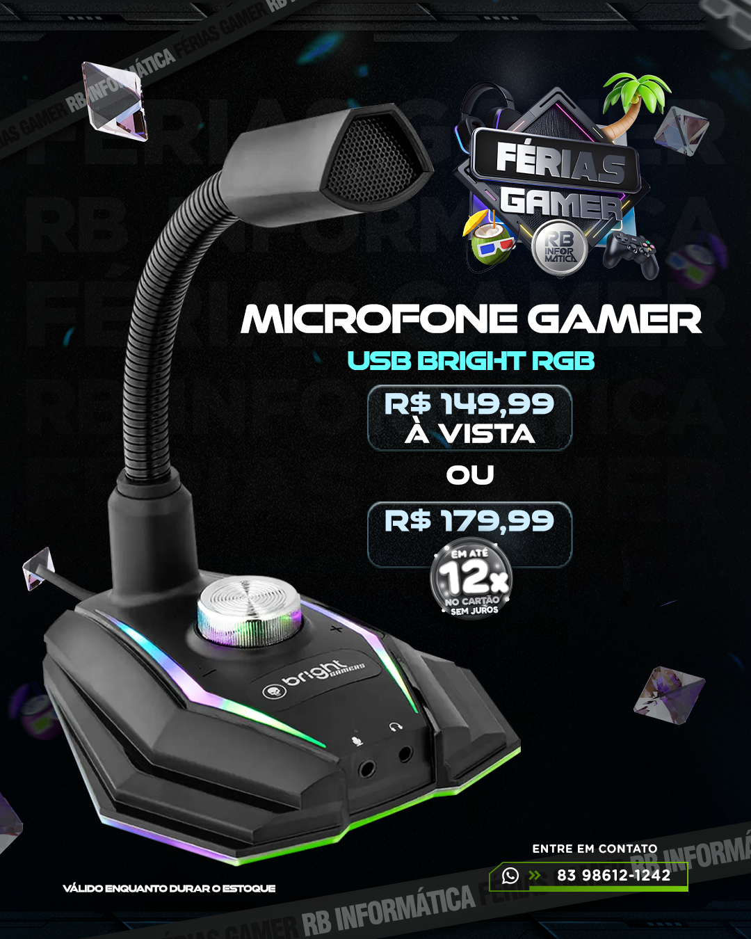 Microfone Gamer USB Bright RGB