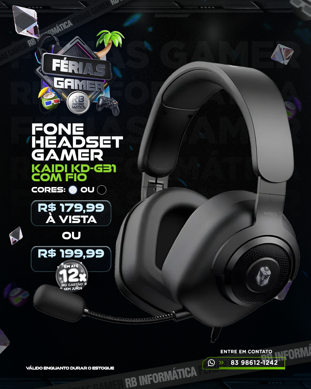 Fone Headset Gamer KAIDI KD-G31 com Fio BRANCO OU PRETO