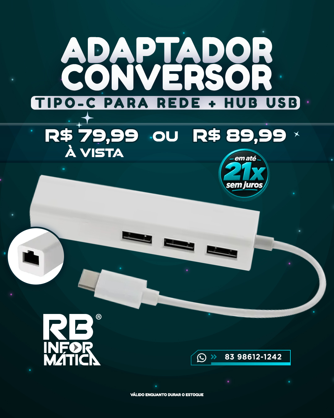 ADAPTADOR CONVERSOR TIPO-C PARA REDE + HUB USB