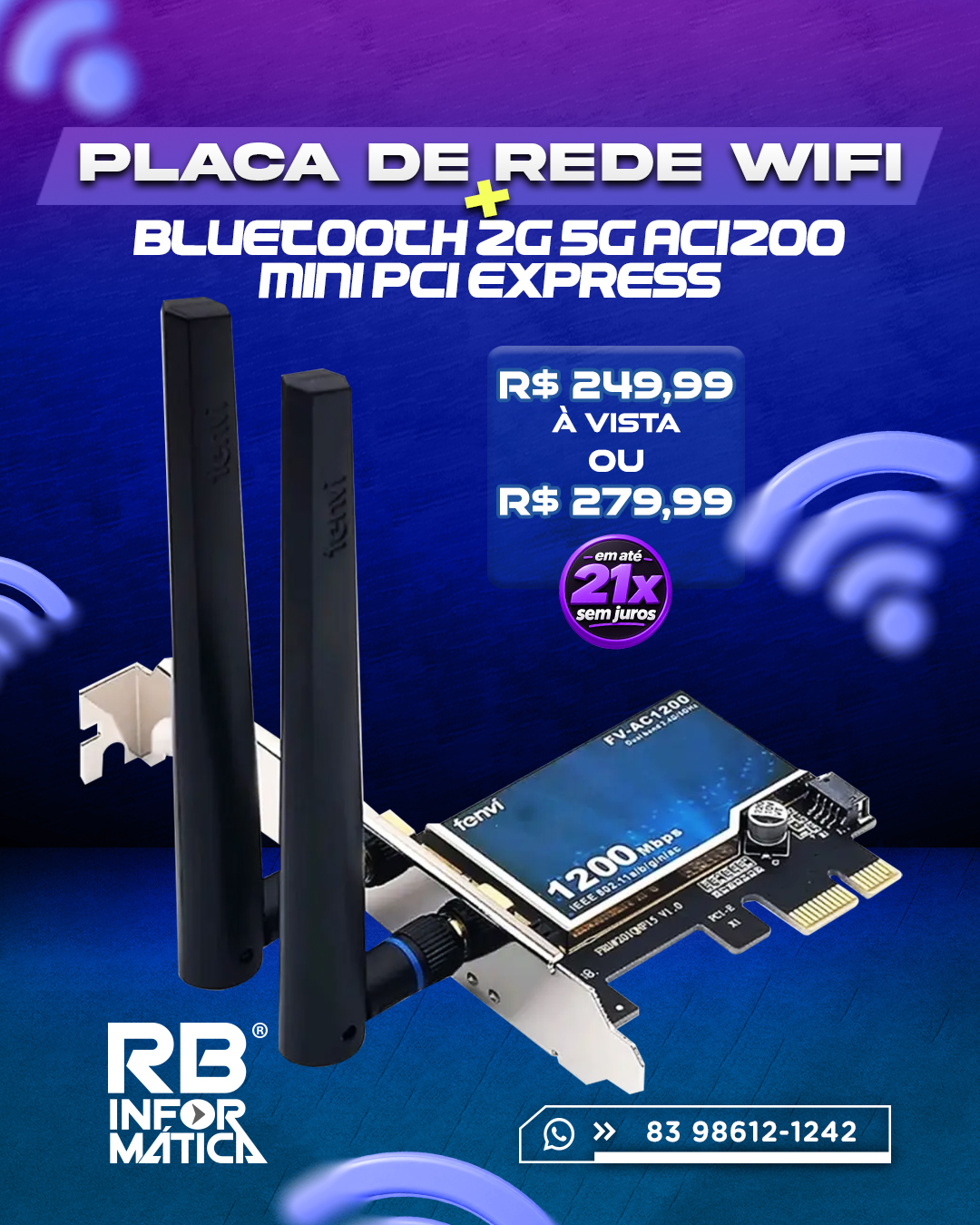 Placa de Rede Wi-Fi Bluetooth 2G 5G ACI200 Mini PCI Express