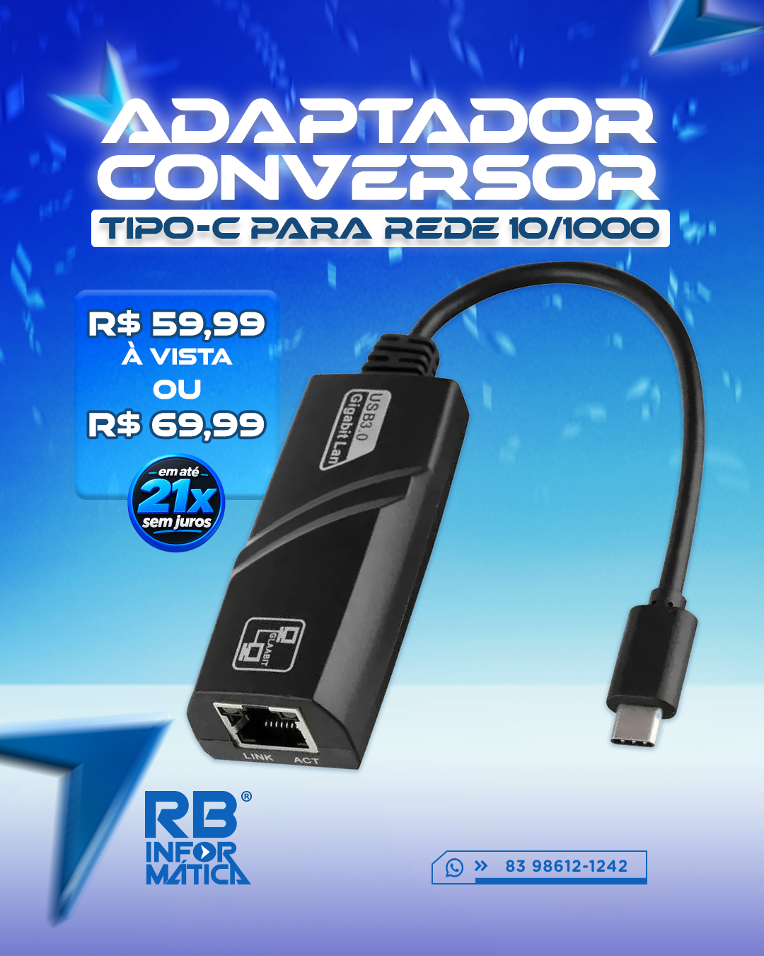 ADAPTADOR CONVERSOR TIPO-C PARA REDE 10/1000