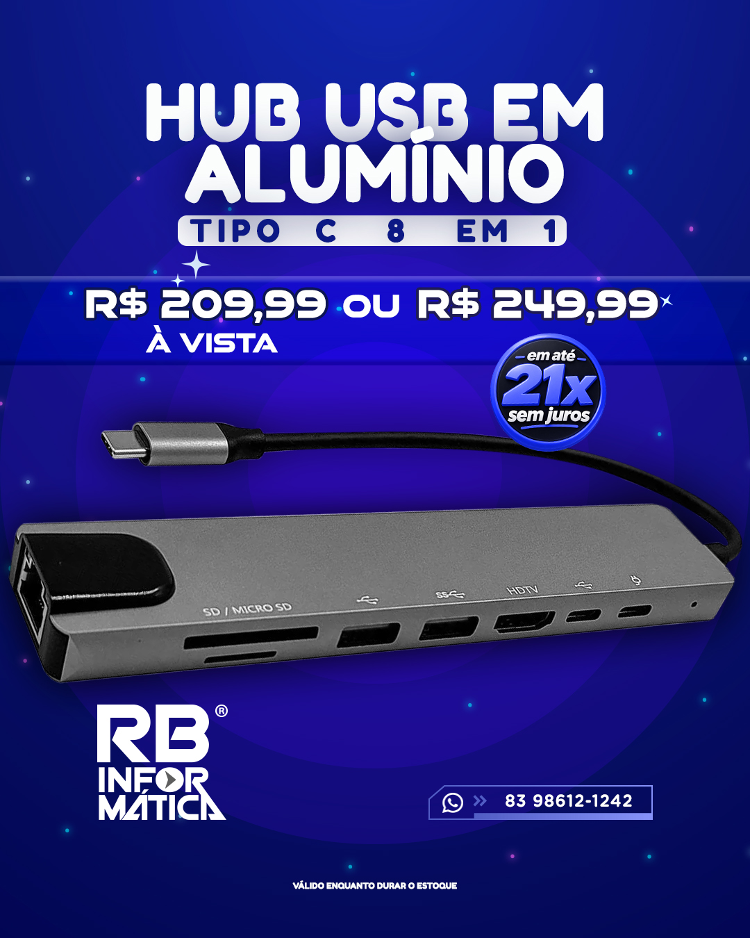 HUB USB EM ALUMINIO TIPO C 8 EM 1