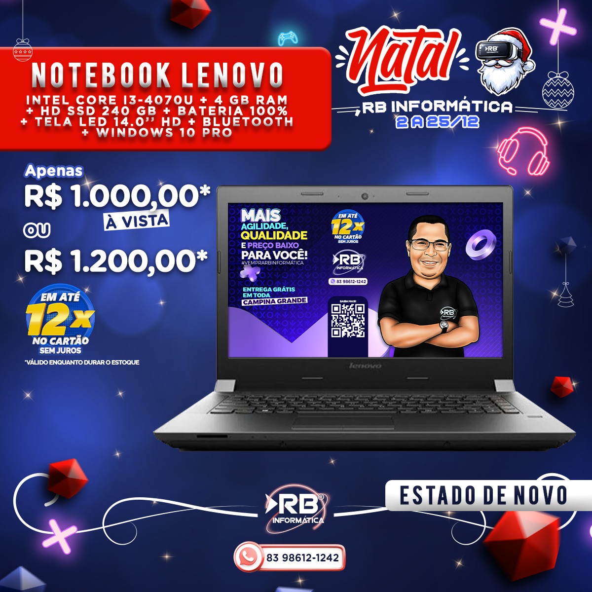 NOTEBOOK SEMINOVO LENOVO INTEL CORE i3-4070U + 4 GB RAM + SSD 240 GB + TELA LED 14” + BLUETOOTH + BATERIA 100% + WINDOWS 10 PRO