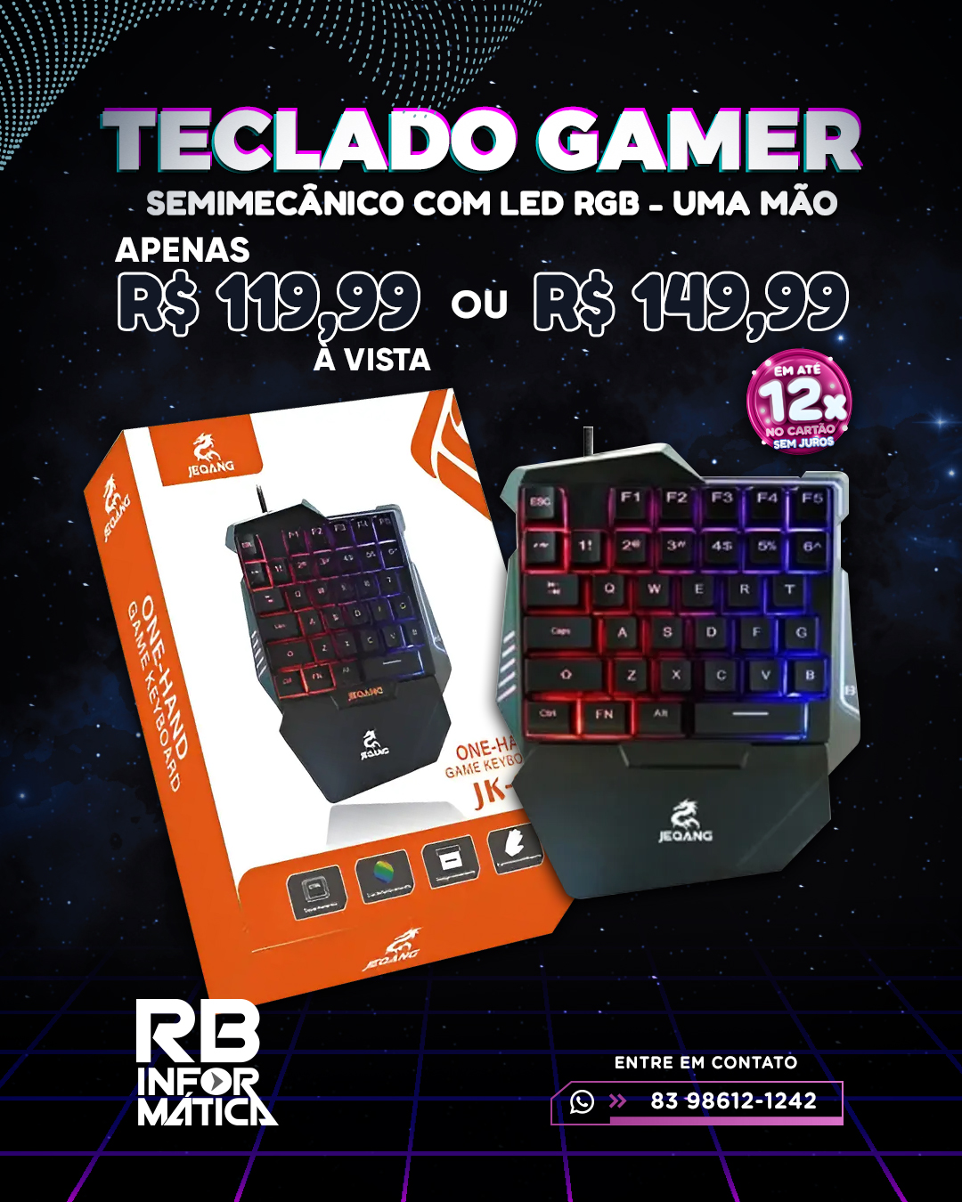 Teclado Gamer Semimecânico com LED RGB - Uma Mão