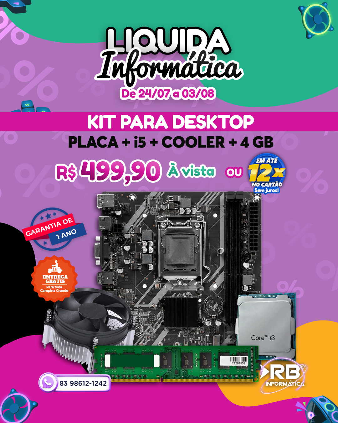 Kit para Desktop: Placa + i5 + Cooler + 4GB