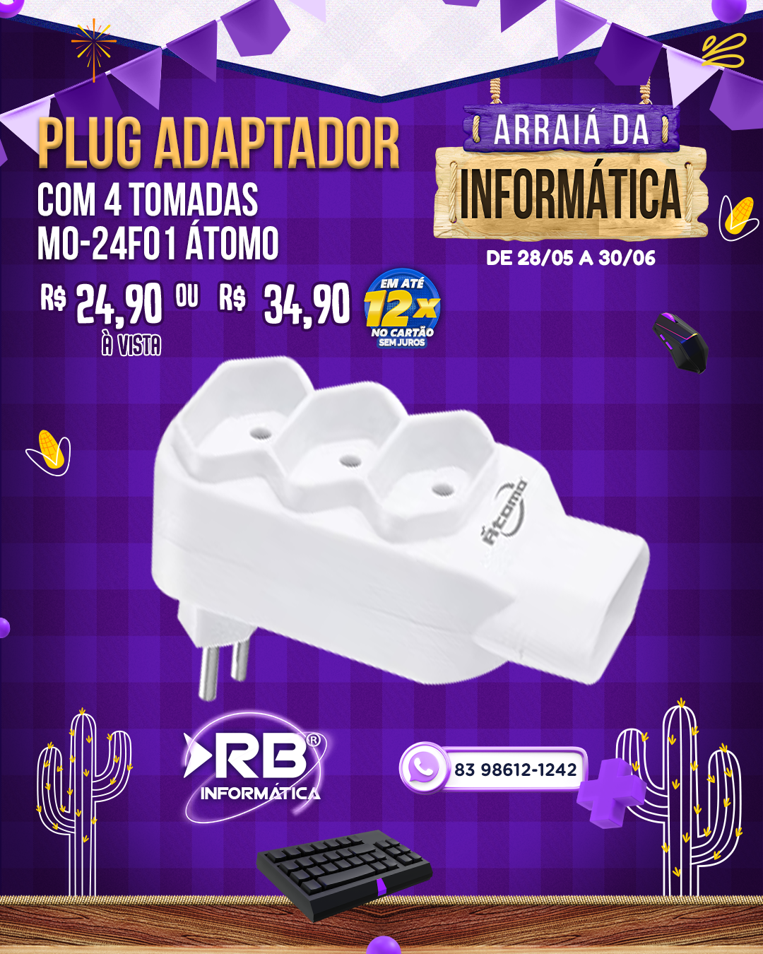 Plug Adaptador com 4 Tomadas MO-24F01 ÁTOMO