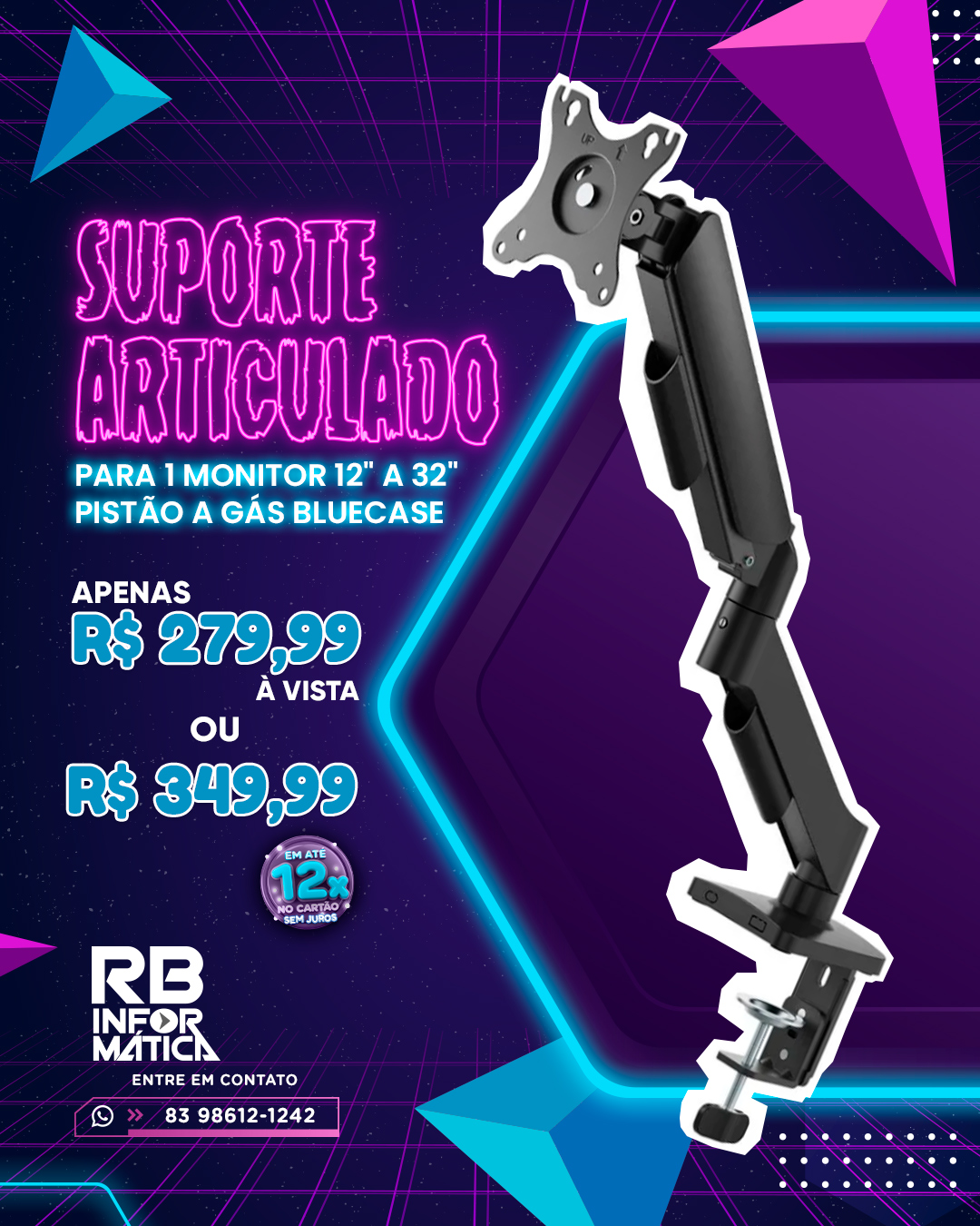 Suporte Articulado para 1 Monitor  de 12'' a 32'' - pistão a gás - BLUECASE