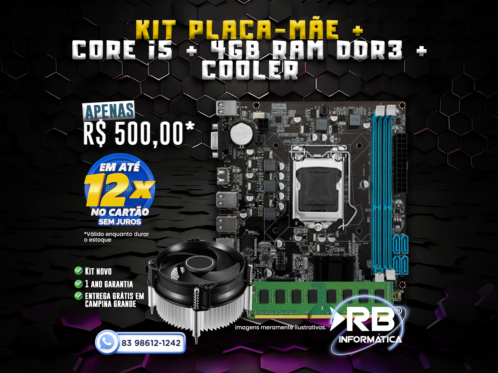 KIT PLACA MÃE CORE i5 4GB DDR3 + COOLER