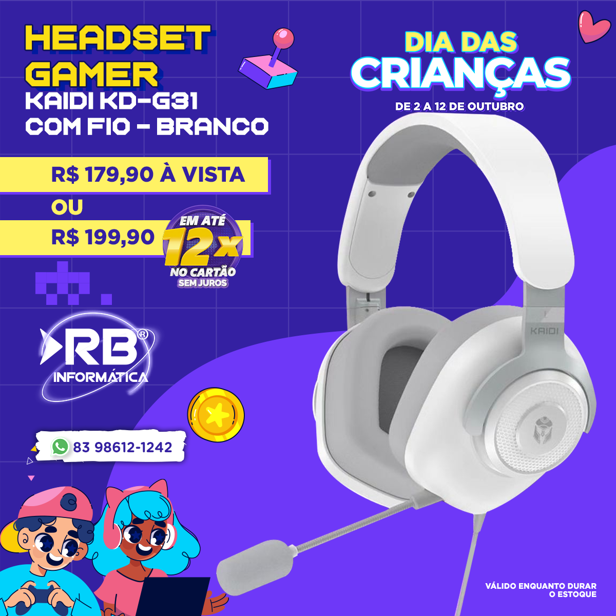 Fone Headset GAMER KAIDI KD-G31 com fio – Branco