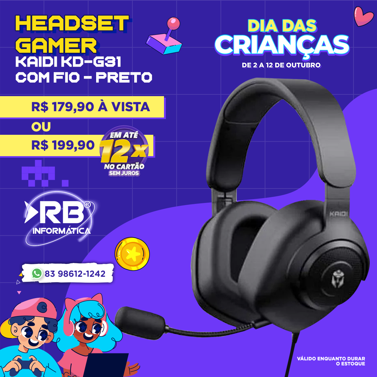 Fone Headset GAMER KAIDI KD-G31 com fio – Preto