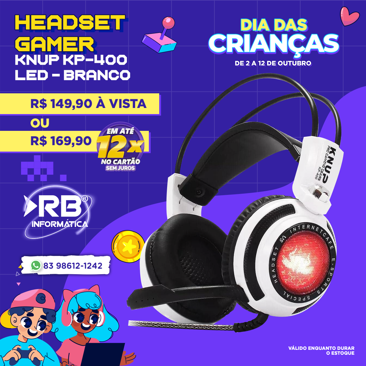 Headset GAMER KNUP KP-400 LED Branco