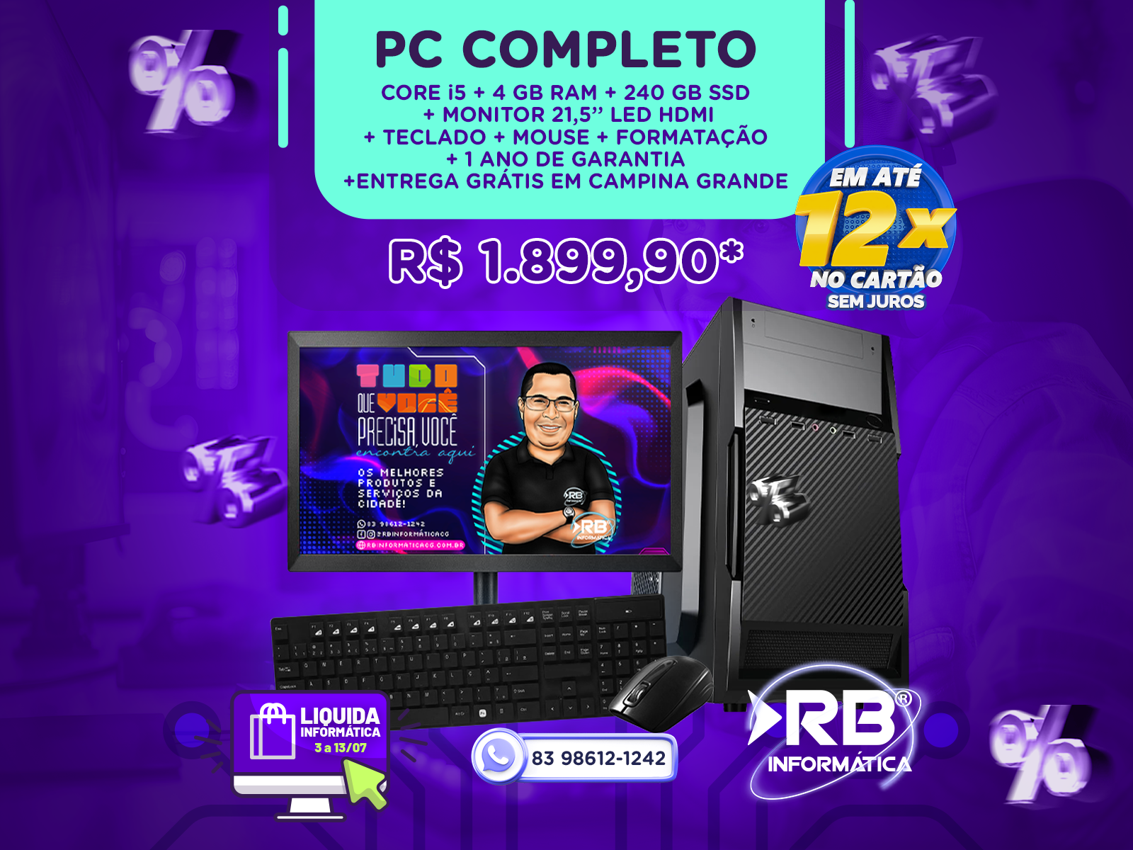 PC COMPLETO CORE i5 + 4GB RAM + 240GB SSD + MONITOR 19” LED HDMI + TECLADO + MOUSE + WINDOWS R$ 1.899,90 em até 12x