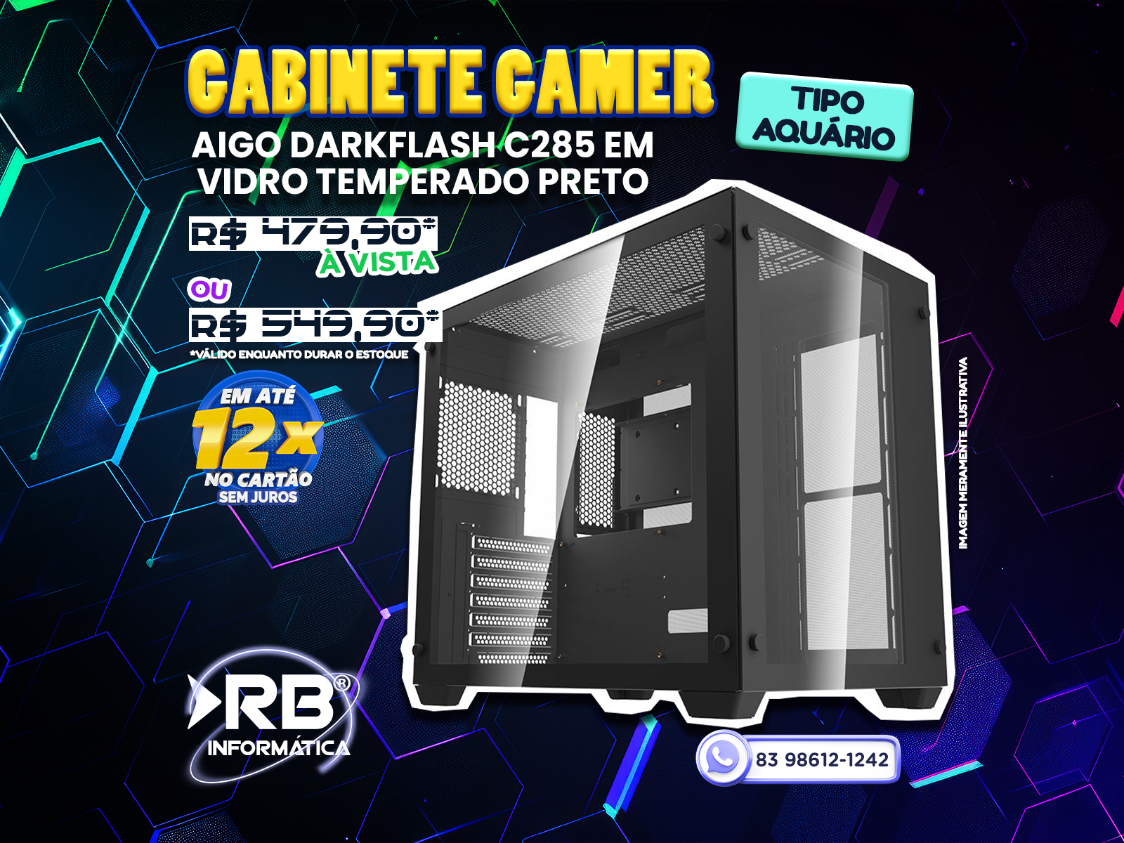 GABINETE GAMER TIPO AQUÁRIO AIGO DARKFLASH C285 EM VIDRO TEMPERADO PRETO