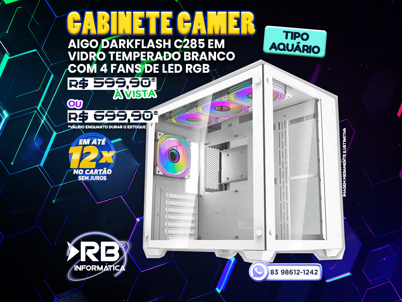 GABINETE GAMER TIPO AQUÁRIO AIGO DARKFLASH C285 EM VIDRO TEMPERADO BRANCO COM 4 FANS DE LED RGB