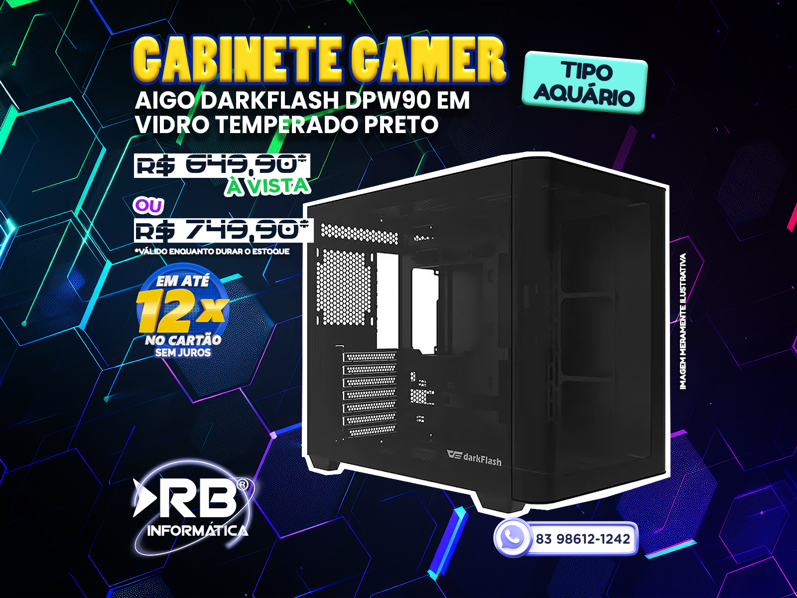 GABINETE GAMER TIPO AQUÁRIO AIGO DARKFLASH DPW90 EM VIDRO TEMPERADO PRETO