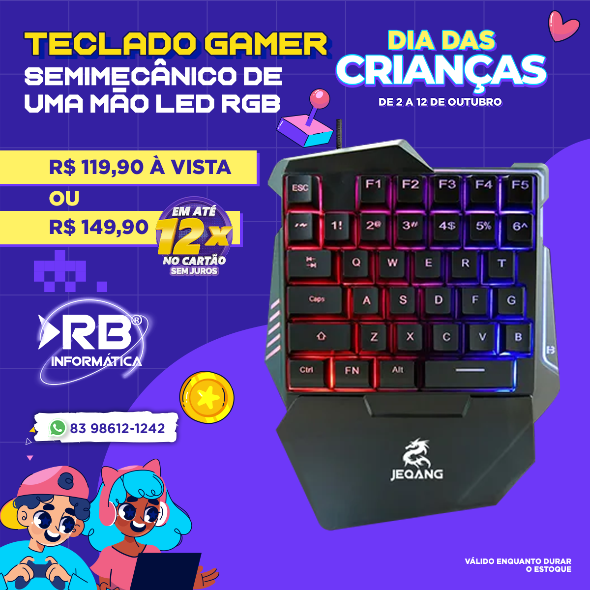 Teclado GAMER semimecânico de uma mão LED RGB