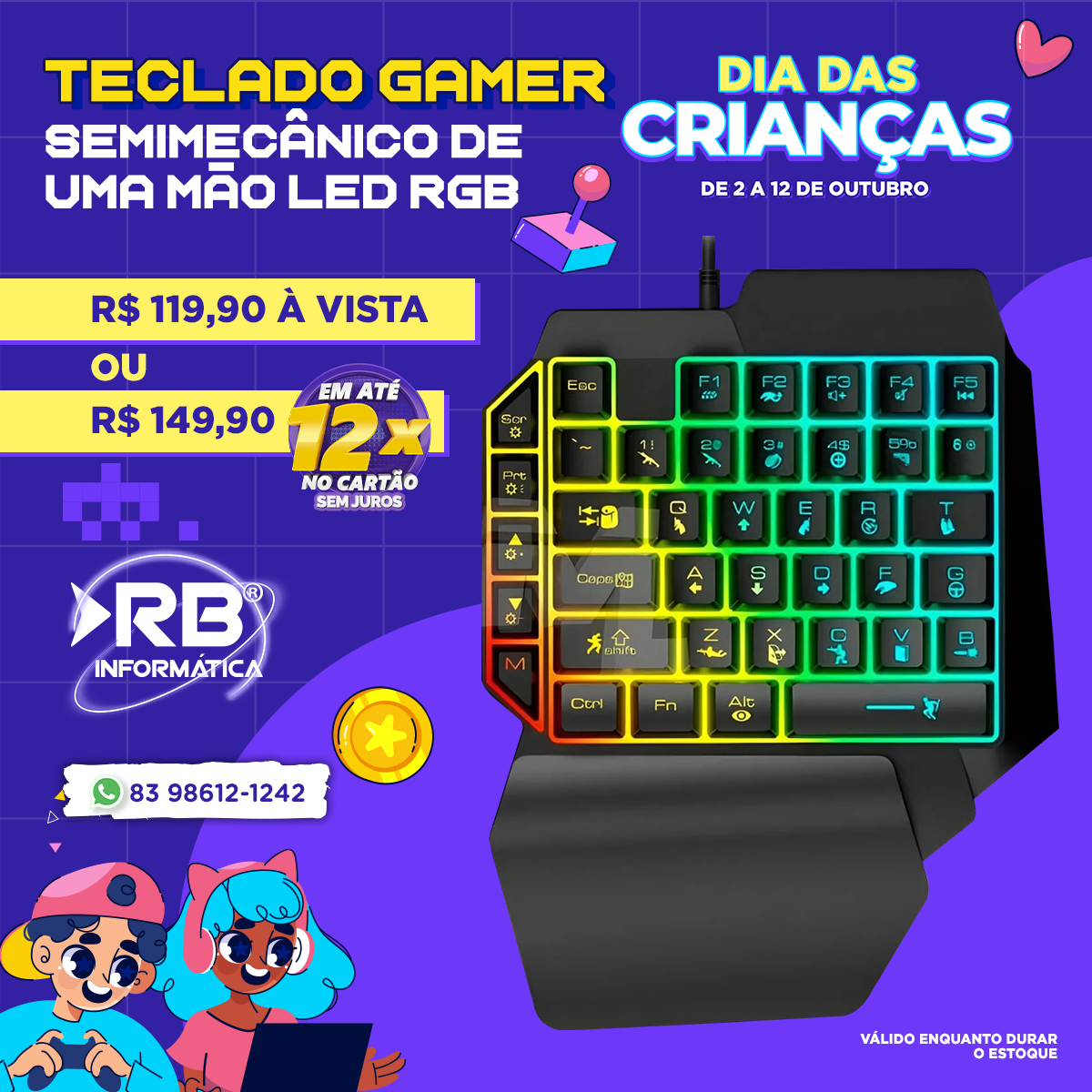 Teclado GAMER  LED RGB semimecânico de uma mão