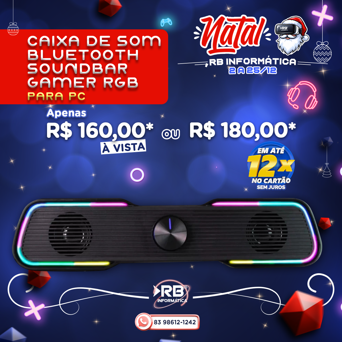 Caixa de som bluetooth soundbar GAMER RGB para PC