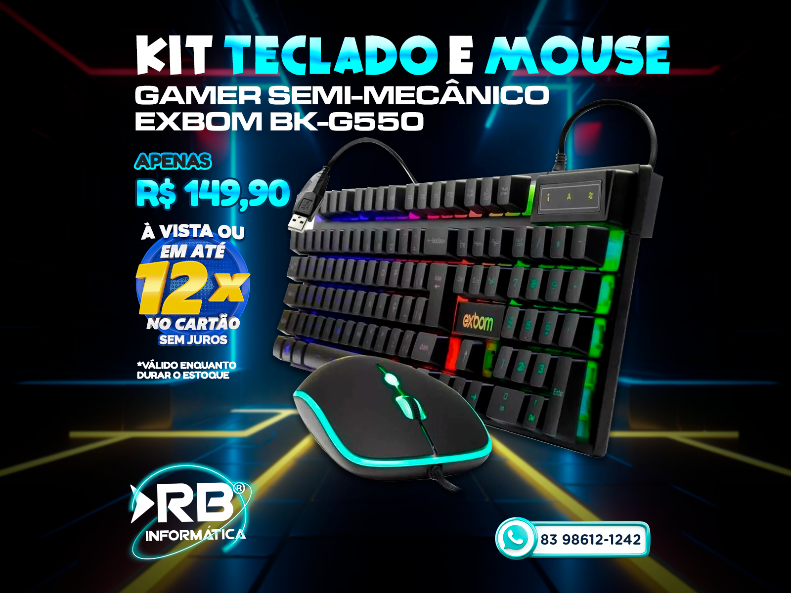 Kit teclado e mouse gamer semi-mecânico EXBOM BK-G550