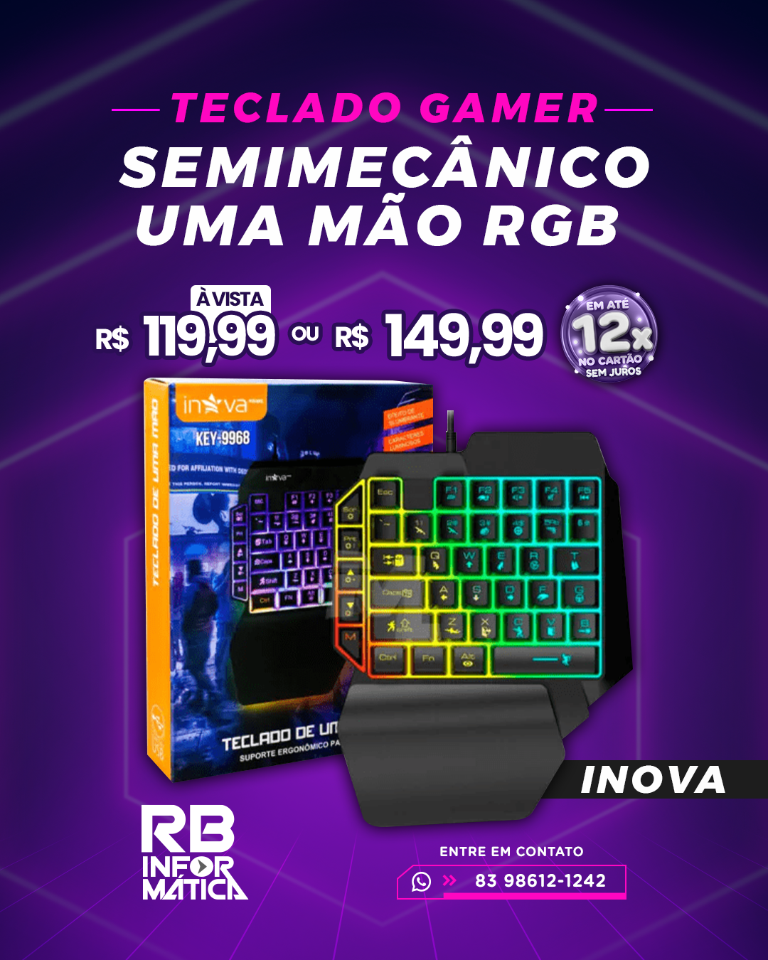 Teclado Gamer Semimecânico de 1 Mão - RGB