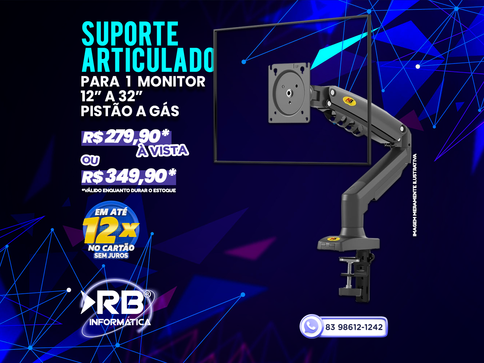 Suporte articulado para 1 monitor 12” A 32” PISTÃO A GÁS