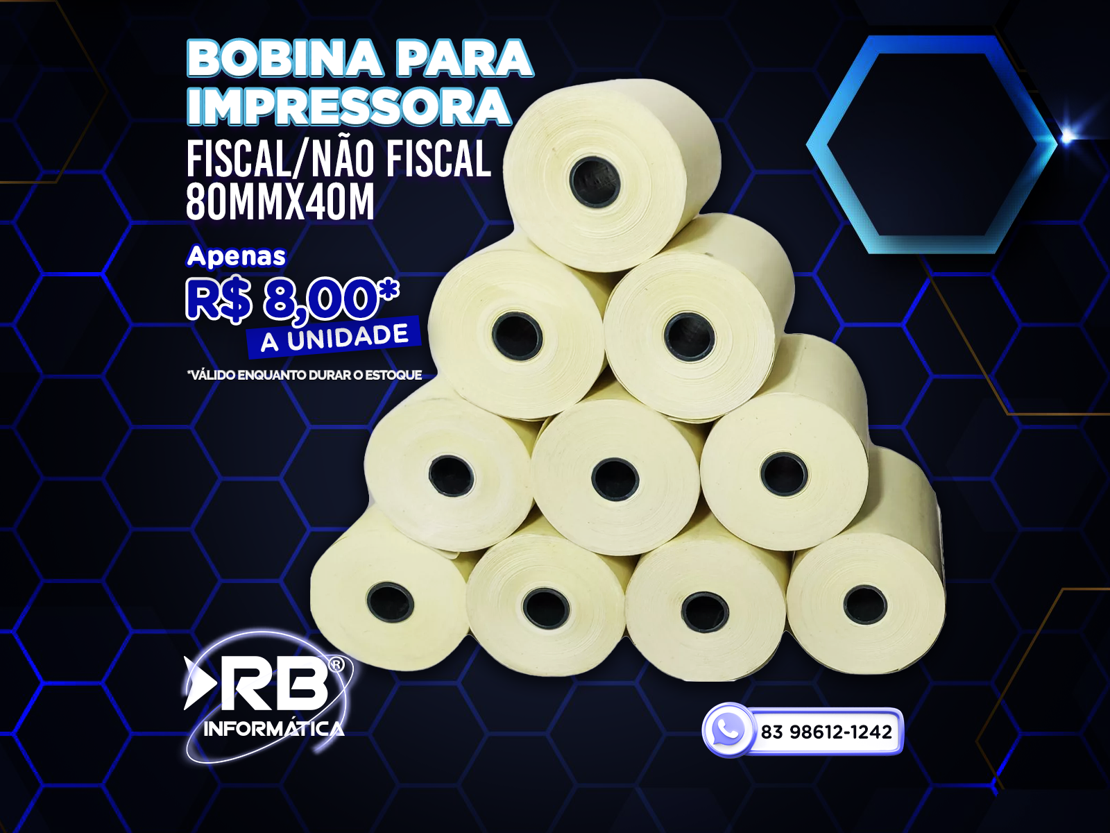 Bobina para impressora fiscal/não fiscal 80mmx40m 