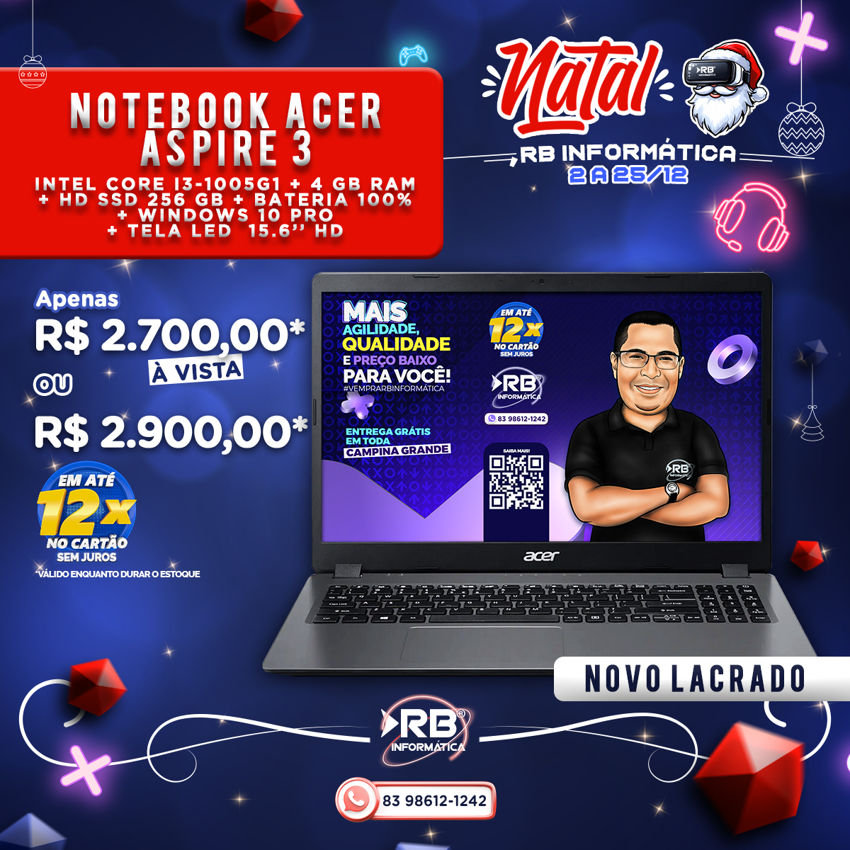 Notebook ACER ASPIRE 3 INTEL CORE i3-1005G1 + 4GB RAM + SSD 256GB + BATERIA 100% + WINDOWS 10 PRO + TELA LED 15,6” HD