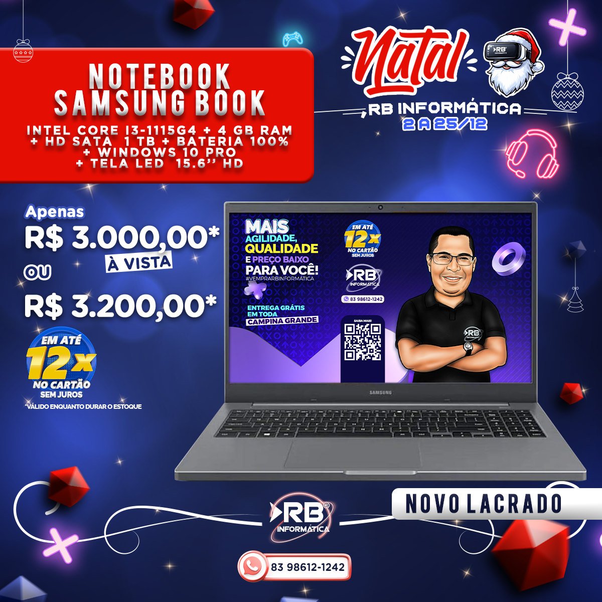 Notebook Samsung Book INTEL CORE i3-1115G4 + 4GB RAM + HD SATA 1TB + BATERIA 100% + WINDOWS 10 PRO + TELA LED 15,6” HD