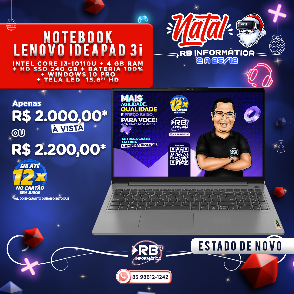 NOTEBOOK LENOVO IDEALPAD 3i INTEL CORE i3-10110U + 4 GB RAM + SSD 240 GB + BATERIA 100% + WINDOWS 10 PRO + TELA LED 15.6" HD