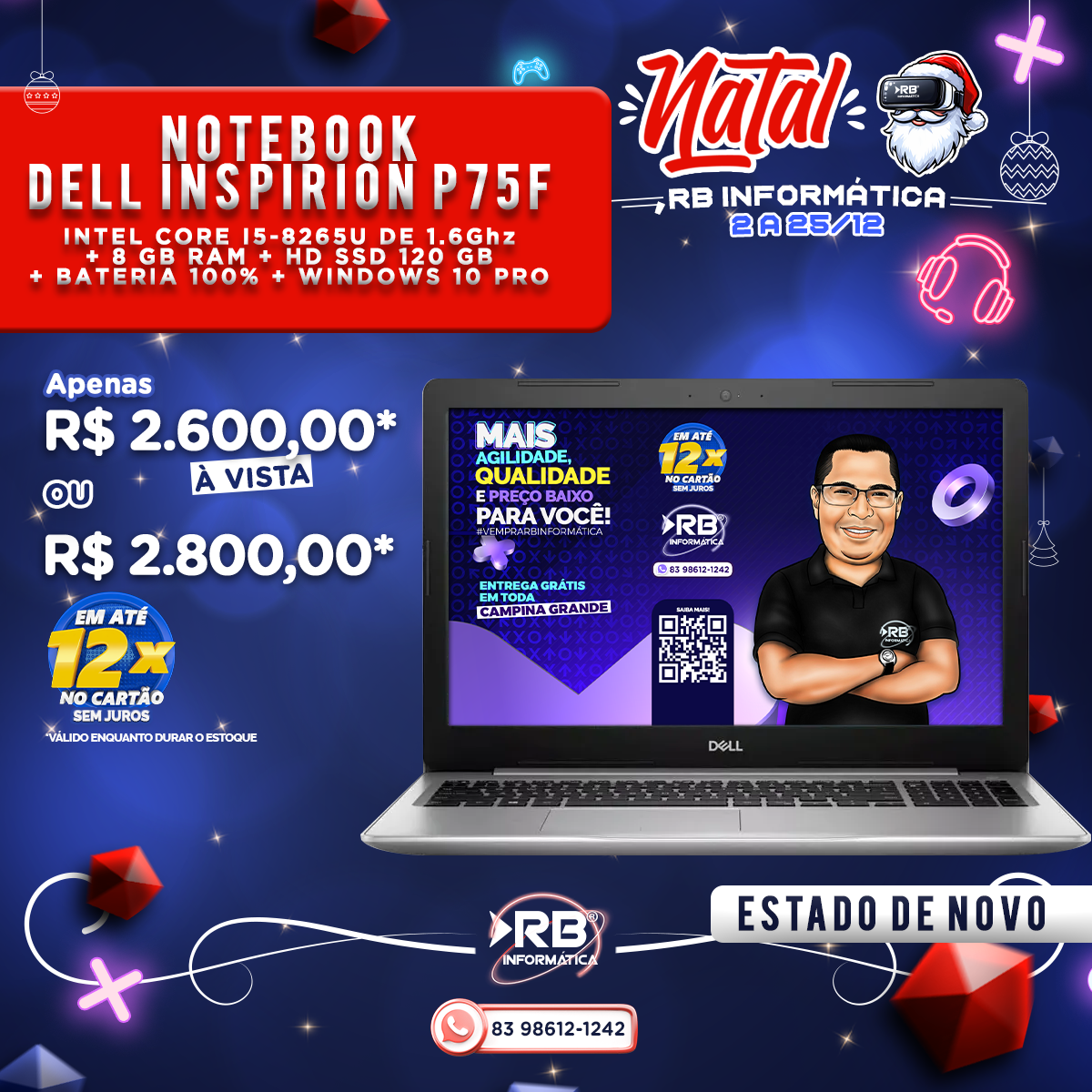 NOTEBOOK SEMINOVO DELL INSPIRION P75F + INTEL CORE i5-8265U DE 1.60GHz + 8 GB RAM + SSD 120GB + BATERIA 100% + WINDOWS 10 PRO