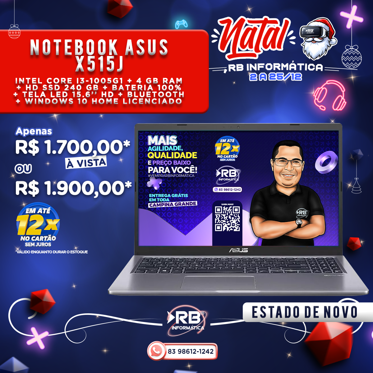 NOTEBOOK SEMINOVO ASUS X515J + INTEL CORE i3-1005G1 + 4 GB RAM + SSD 240 GB + TELA LED 15,6” HD + BATERIA 100% + BLUETOOTH + WINDOWS 10 HOME LICENCIADO