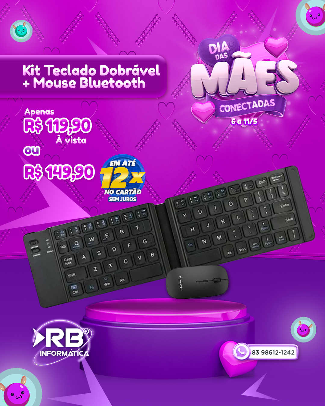Kit Teclado Dobrável + Mouse Bluetooth