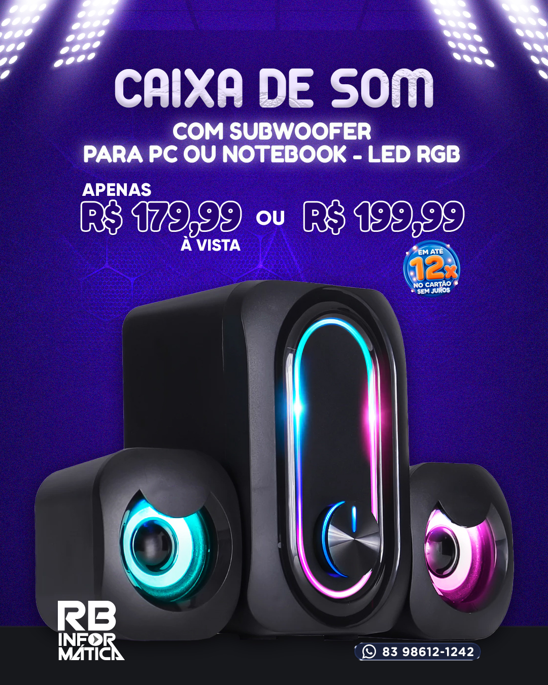 Caixa de Som com Subwoofer para PC ou Notebook - LED RGB