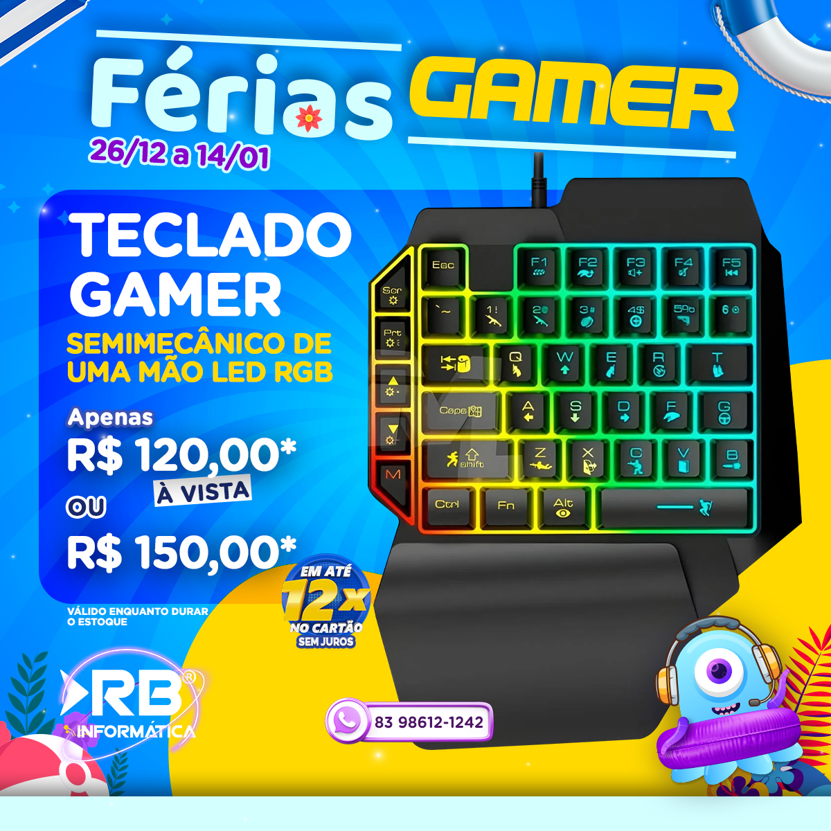 Teclado Gamer Seminecânico de uma mão LED RGB