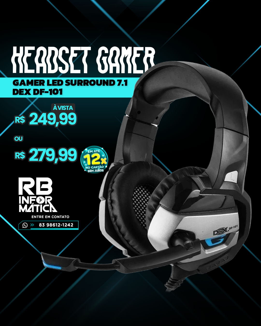 FONE DE OUVIDO HEADSET GAMER LED SURROUND 7.1 DEX DF-101