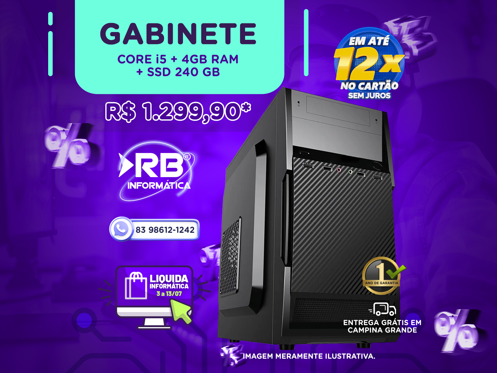 Gabinete Core i5 + 4GB RAM + SSD 240GB