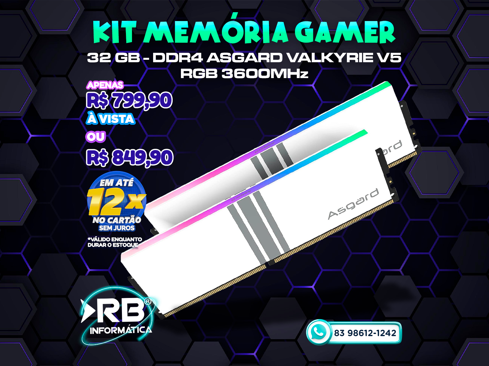 Kit memória 32GB DDR4 ASGARD VALKYRIE V5 RGB GAMER 3600MHZ