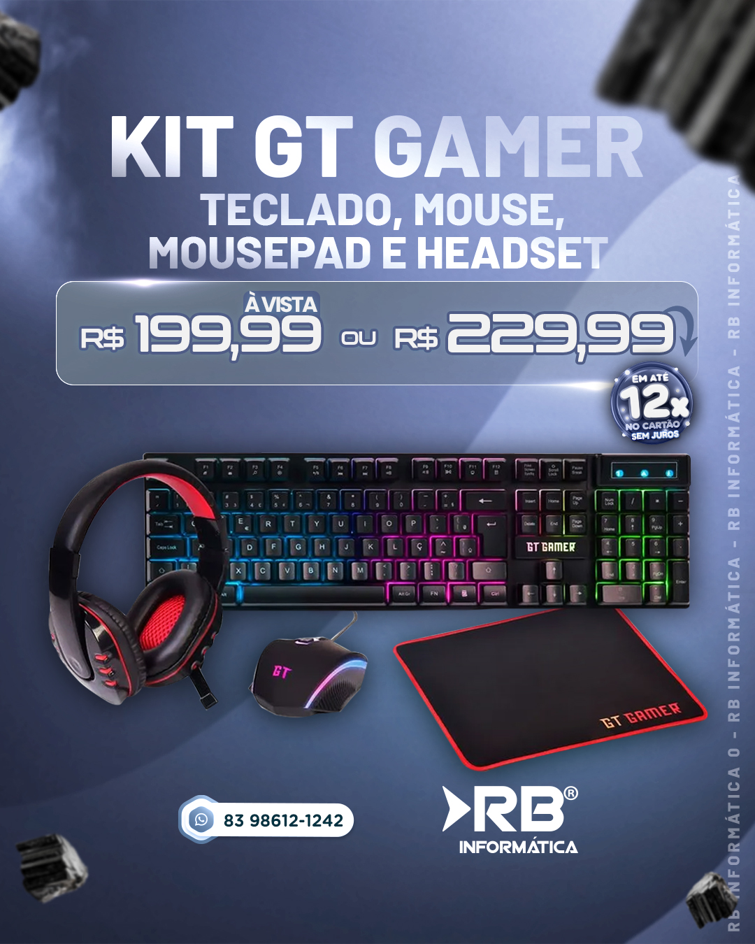KIT GT GAMER TECLADO, MOUSE, MOUSEPAD E HEADSET (Não acompanha suporte para headset)