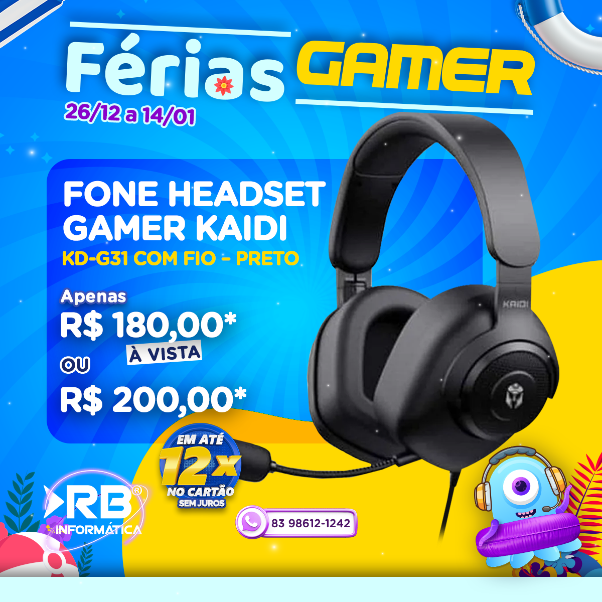 Fone headset gamer KAIDI KD-G31 com fio - PRETO