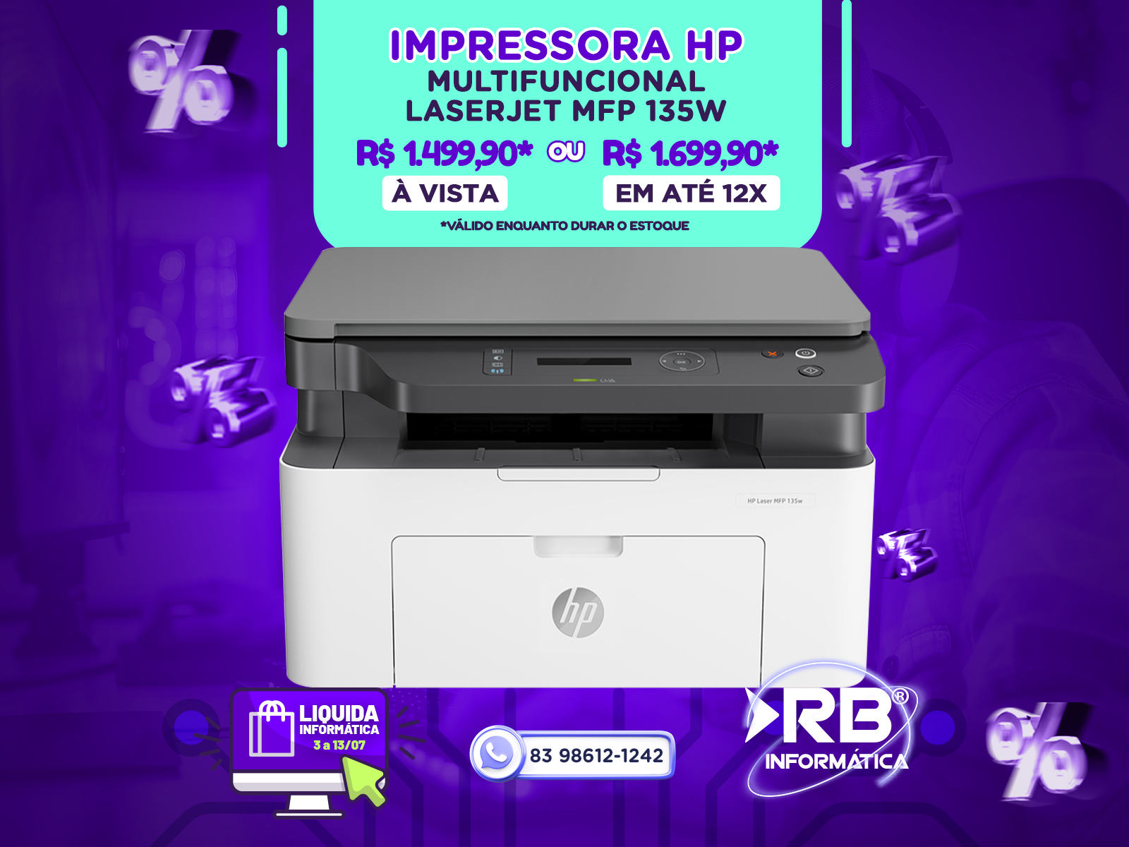 Impressora HP Multifuncional LASERJET MFP 135W