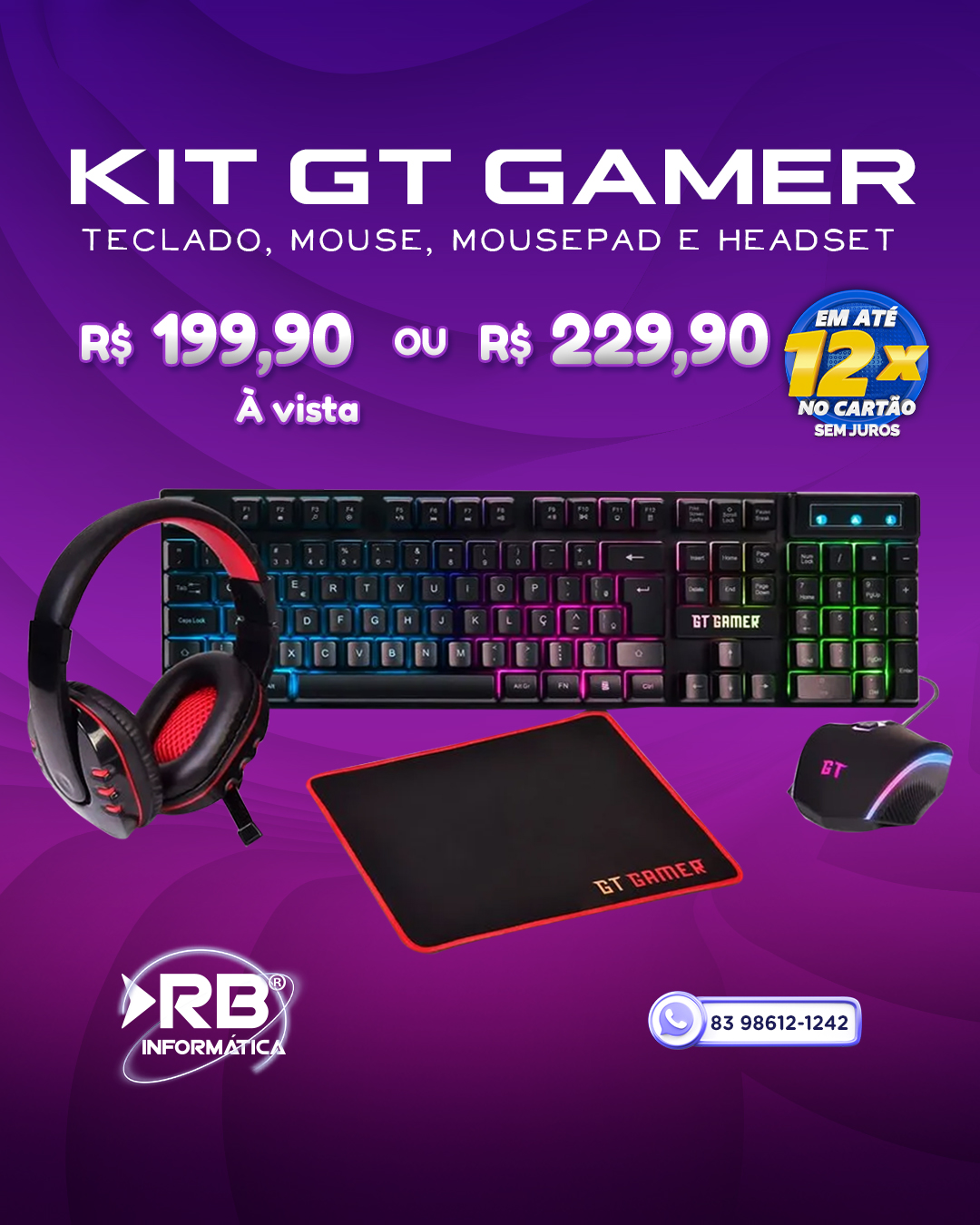 Kit GT Gamer - Teclado, Mouse, Mousepad e Headset
