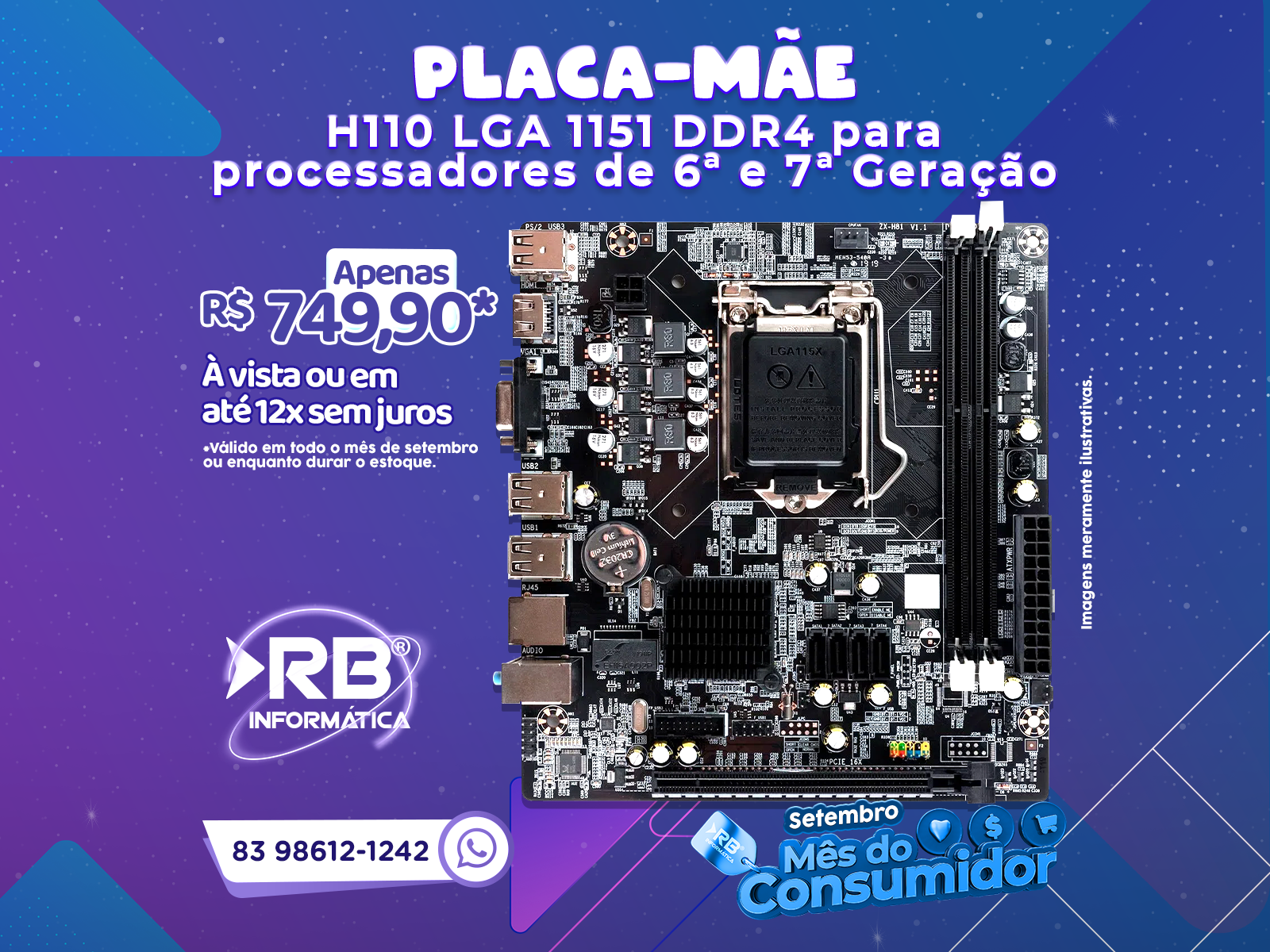 Placa-mãe H110 LGA 1151 DDR4 para processadores de 6ª e 7ª geração