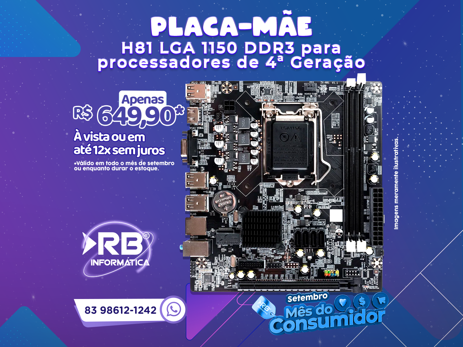 Placa-mãe H81 LGA 1150 DDR3 para processadores de 4ª Geração