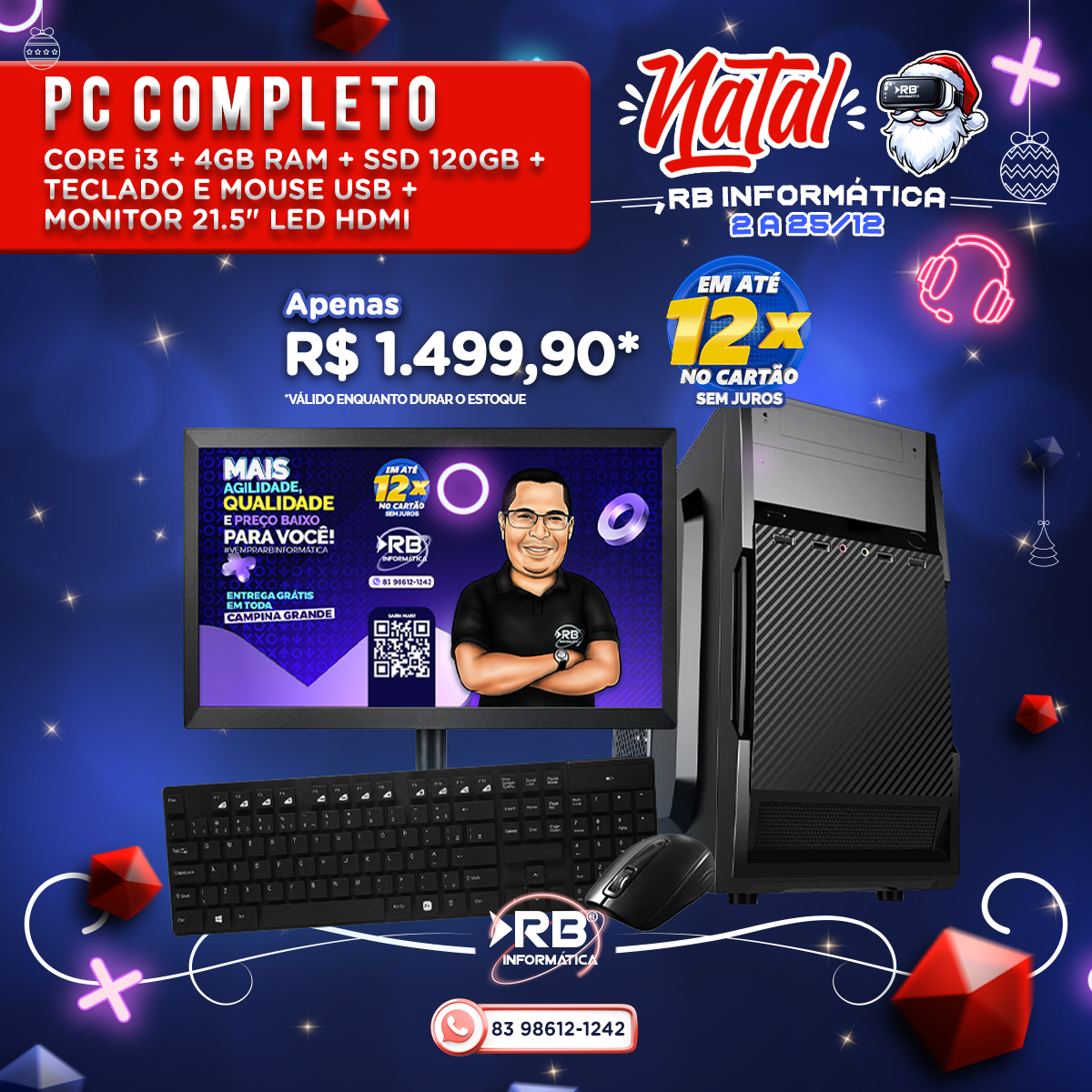 PC Completo – CORE i3 + 4GB RAM + SSD 120GB + teclado e mouse USB + monitor 21,5” LED HDMI