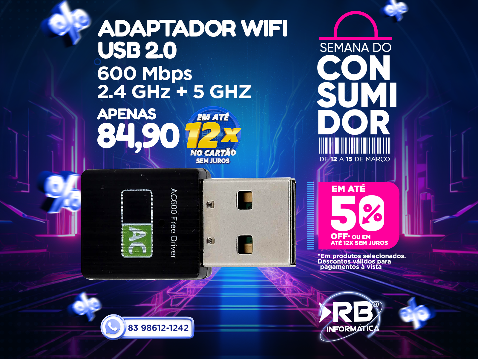 Adaptador WIFI USB 2.0 600 Mbps 2.4Ghz + 5Ghz